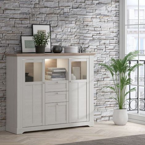 Credenza Forma 3 Ante con Vetro Temperato e Luci LED Rovere Bianco Neve e Olmo Scuro – Design Luminoso