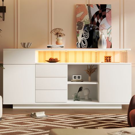 Buffet LED bas en bois 160x40x75 cm, 4 tiroirs, 2 portes, étagères réglables, niche ouverte, MDF et acrylique, blanc (1/5)