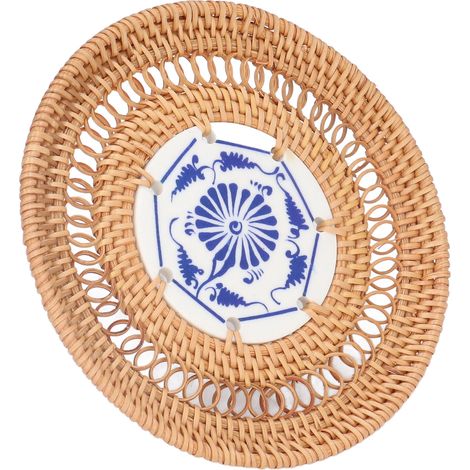 Runder Untersetzer aus blau-weißem Porzellan, gewebt aus Rattan, passend für Basilikumtassen, 13 cm / 5,1 Zoll (1/5)