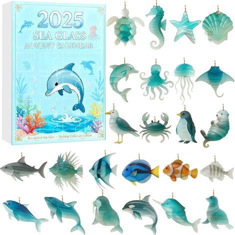Calendrier de l'Avent de Noël en verre de mer avec animaux, boîte surprise, 24 breloques plates en acrylique à suspendre, décorations pour sapin de Noël, coffret cadeau compte à rebours des fêtes (1/5)