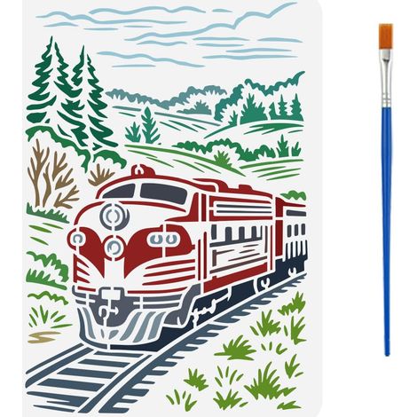 Pochoir Train Montagne Forêt 21x29.7cm avec un Pinceau Pochoirs Locomotive à Vapeur Modèle de Dessin Rails Montagne Forêt pour DIY Peinture sur Murs Bois Toile Décoration Maison (1/5)