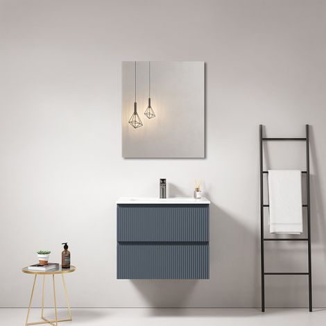 Mobile bagno sospeso cannettato 60 cm Blu Mare Lavabo in Ceramica Specchio Quadro - Fiji Paint