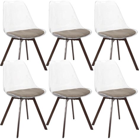 Lot de 6 chaises coque transparente coussin assise en velours côtelé taupe - MOARY (1/5)