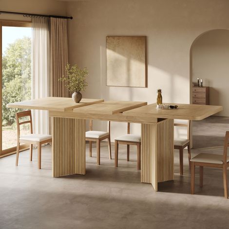 Mesa de Comedor Extensible Rectangular con Patas en V Acanaladas, Mecanismo de Bloqueo, MDF y Metal, Madera (1/5)