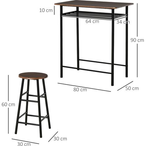 Table bar 3 pièces table à manger avec 2 tabourets de bar, ensemble repas table de cuisine et chaises, table haute avec tabourets et étagère de rangement, métal 80 x 50 x 90 cm, noir (1/5)