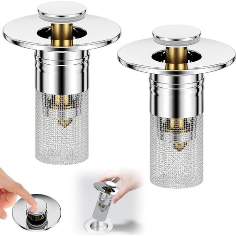Filtro per lavello 3 in 1 con raccoglitore di capelli, 2 tappi per lavello a scomparsa in acciaio inox con cestello per bagno, cucina, doccia, tappo a molla a scomparsa per pavimento (1/5)
