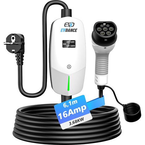 Electric Car Charger Type 2 (6-16A, 3.68kW, 20 ft), White (1/5)