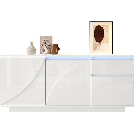 Meuble latéral 140 × 40 × 60 cm avec 3 compartiments, 1 tiroir et éclairage LED – Buffet brillant avec étagères réglables pour salon, blanc, MDF (1/5)