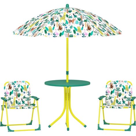 Ensemble mobilier enfant 4 pièces avec parasol réglable motif jungle, table ronde et 2 chaises pliantes vert (1/5)