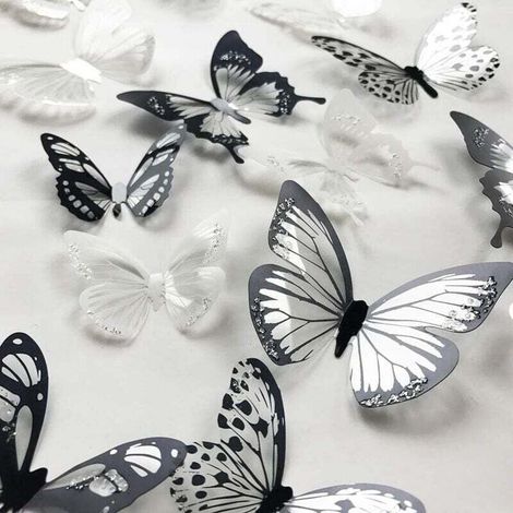 36 piezas de pegatinas de pared de mariposas de cristal 3D coloridas con adhesivo, papel satinado, mariposas, decoración DIY para habitaciones de bebés y niños (blanco y negro)