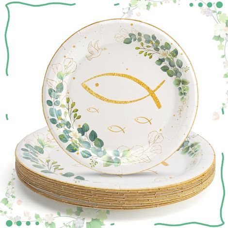 Piatti di carta per la Prima Comunione, 24 pezzi, 18 cm, con decorazione di eucalipto e pesci rossi. Rinforzati e resistenti. Ideali per battesimo di bambino, bambina, torta, caramelle e insalata. (1/5)