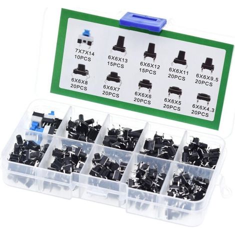 180 pièces Interrupteurs à bouton-poussoir tactiles, Kit d'assortiment d'interrupteurs, bouton-poussoir momentanés à 4 broches, pour Arduino (6 X 6, 7 X 7 mm)