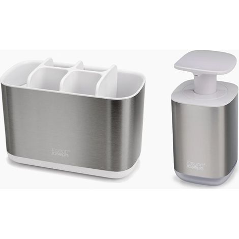 Joseph Joseph Bathroom Beauties Set de 2 Stück - Großer Zahnbürstenhalter de Zahnbürstenhalter und hygienischer Seifenspender de, Edelstahl, stilvoll und funktionell. (1/4)
