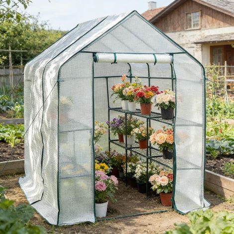 Serra a tunnel per pomodori con apertura con cerniera, 143x215x195 cm, in polietilene e acciaio bianco