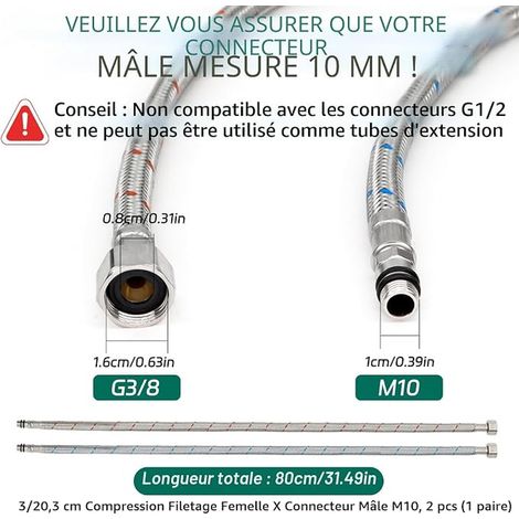 80 cm x G3/8 x M10 Flexible Connecting Hoses Kitchen Taps, Hose for Tap, Braided Stainless Steel Extension Sink Tubes, Kitchen Bathroom (1/3)