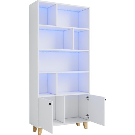 Étagère à livres 80x30x173cm, pieds en bois massif, plusieurs compartiments, portes doubles, éclairage d’ambiance LED à changement de couleur, commande via application, forme simple, blanc (1/5)