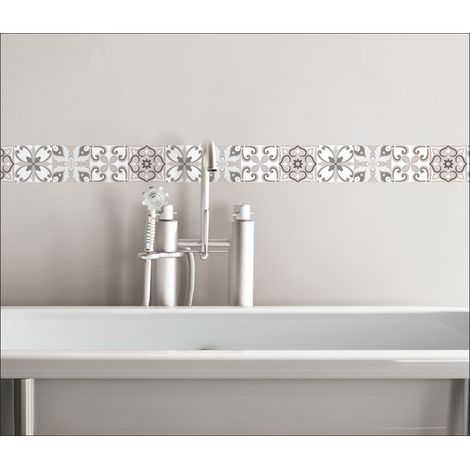 Listel adhésif Lazzaro, 3 pièces, 5x180cm, motif carreaux de ciment ancien rose/gris clair. Déco murale autocollante. (1/2)