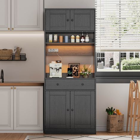 Buffet haut de cuisine 72x40x180 cm, LED RGB avec appli, 2 prises, 2 ports USB, grand tiroir, étagère à épices, bar à café (1/5)