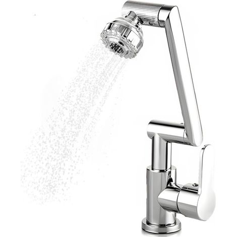 Robinet de cuisine, aérateur 1080°, 2 jets, avec tuyau de raccordement eau chaude et eau froide de 60 cm - Argent (1/5)