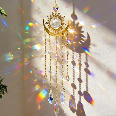 Atrapasueños de cristal para ventanas colgantes, atrapasueños de cristal prismático colorido, colgante de luna y sol con cuentas de prisma, uso en ventanas de balcón o jardín (1/5)