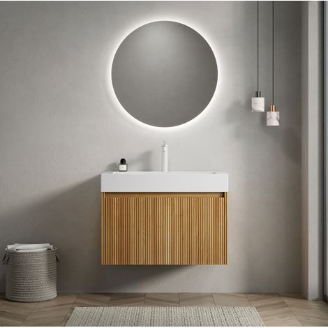 Meuble vasque mural 70 cm avec lavabo intégré en résine, meuble 1 tiroir, naturel/blanc, OKWISH (1/5)