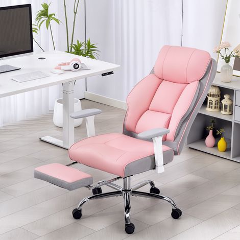 Ergonomischer Bürostuhl, Chefsessel mit Fußstütze und breiter Sitzfläche, PU-Leder, 135° verstellbare Rückenlehne mit Kopfstütze, Armlehnen und Höhenverstellung, Schwenkrollen, 150 kg, Rosa