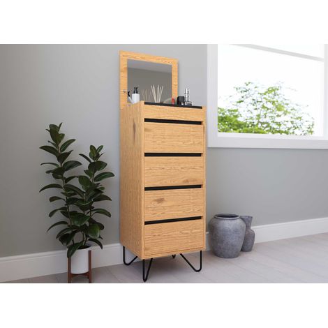 Deco In Paris – Commode enfant 4 tiroirs en MDF décor chêne – Coiffeuse intégrée avec miroir – Dimensions 45x40x110 cm – Pieds en métal noir (1/5)