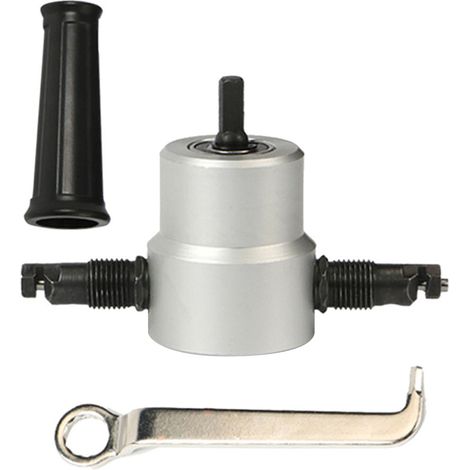 Cizalla de doble cabezal para chapa metálica, accesorio para taladro eléctrico, cortadora de metal para plástico, madera contrachapada, hierro, acero, aluminio, cobre, cortes rectos, curvos e irregula (1/5)