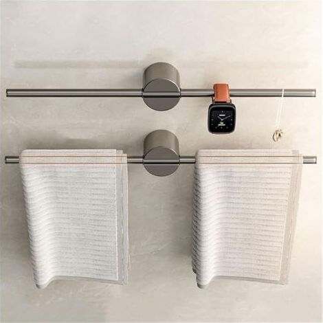 Kreativer, verstellbarer Handtuchhalter aus Aluminium zur Wandmontage, zweiteiliges Set, kein Bohren erforderlich, Badezimmerdekoration (Gun Grey, 50 cm) (1/4)