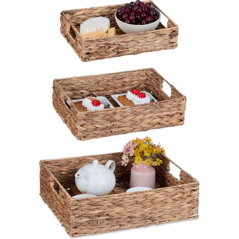 Relaxdays Tray, Set of 3, Serving Tray with Handles, Woven Decorative Basket, 3 Sizes, Water Hyacinth, Square, Natural