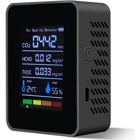 Moniteur de qualité de l'air intérieur 5 en 1, testeur intelligent portable de qualité de l'air pour CO2 COVT HCHO Température Hum(Noir) (1/5)
