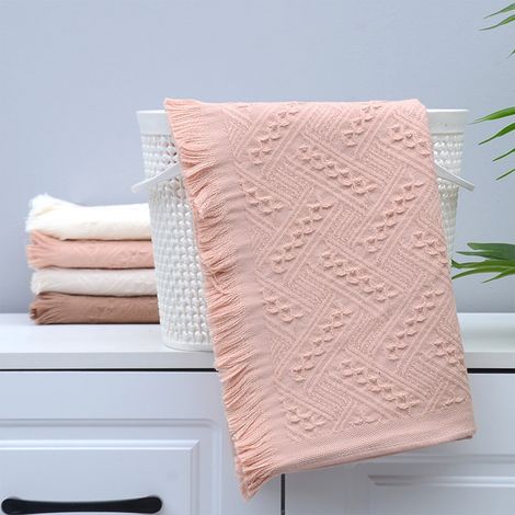 Serviette Coton - 74 x 33 cm - Bordure Tissée et Pompons - Pour Bain Salle de Bains Plage Spa - 1 Pièce (1/5)