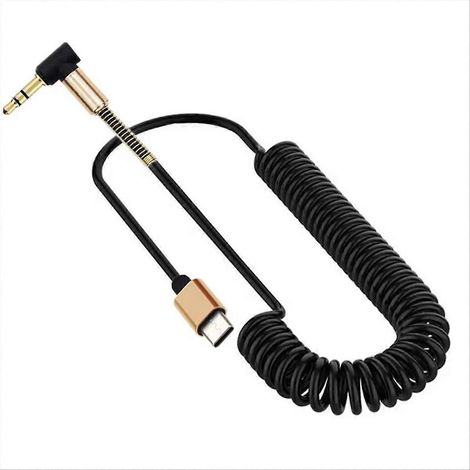 Câble d'extension USB-C à ressort spiralé avec prise jack auxiliaire stéréo 3,5 mm coudée pour casque audio et voiture, compatible avec les smartphones. (1/5)