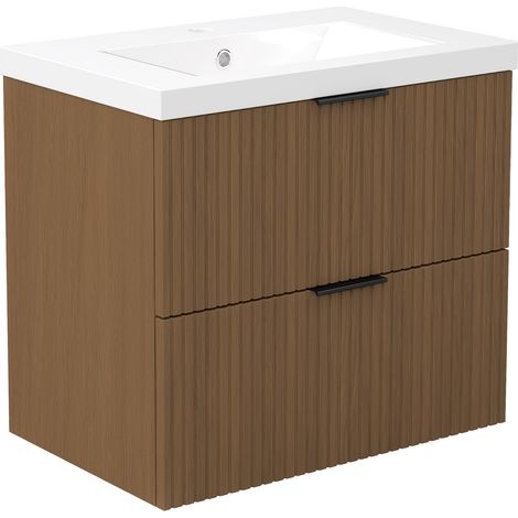 AICA Ensemble de meubles de salle de bain 60 cm Noyer avec 2 tiroirs + vasque Céramique