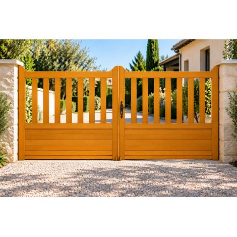 Gd Menuiseries – Portail en bois ajouré traverse droit 3m x 1,50m – Meranti 39mm – Traitement FIH – Prêt à poser avec serrure et visserie fournie (1/5)