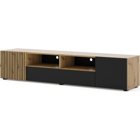 Bb-Loisir – Meuble TV noir et chêne artisan 200x42x42cm – 3 placards fermés – 2 étagères ouvertes – Système push to open – Pieds en plastique (1/4)
