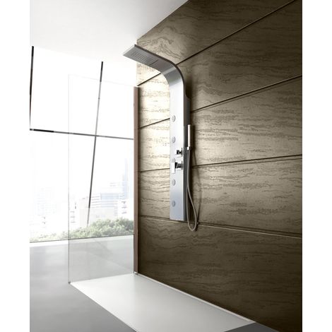 Columna de ducha con panel de hidromasaje de acero inoxidable cepillado de cuatro vías, con ducha de lluvia, teléfono de ducha y cascada cervical (1/4)