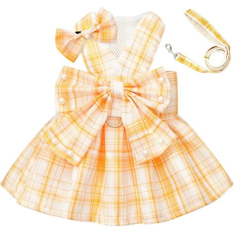 Robe mignonne pour chien, vêtements pour petits chiens, chats, filles, femelles, carreaux jaunes, nœud papillon, harnais pour chien (1/4)