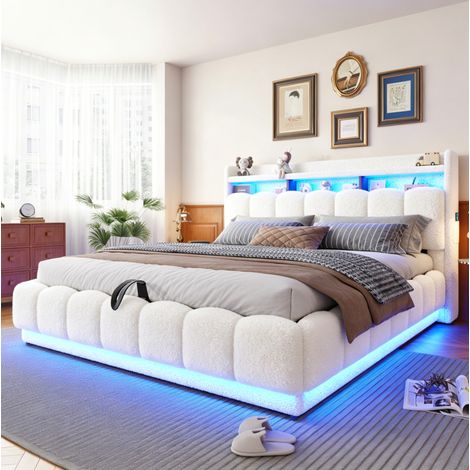 Lit coffre 180x200 cm en tissu blanc avec LED, USB et rangement pour chambre, sans matelas – MEUBLIV (1/5)