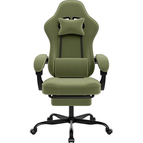 Fauteuil gamer vert – Accoudoirs – Dossier inclinable – Coussin lombaire – Repos pieds – PC gamer (1/2)