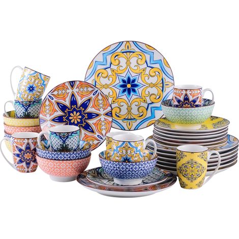 Juego de vajilla de 32 piezas, de porcelana, con diseño geométrico. (1/2)