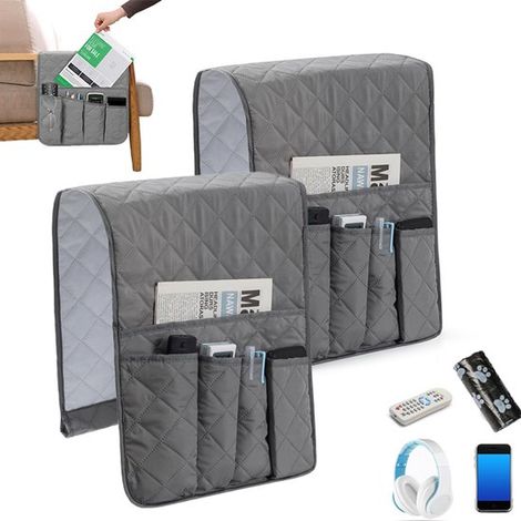 2 pièces - Organiseur d'accoudoir - Sac de rangement pour canapé - Organiseur suspendu à compartiments - 5 compartiments - Gris - 88 x 32,5 cm - pour télécommande, livres et petits accessoires (1/4)