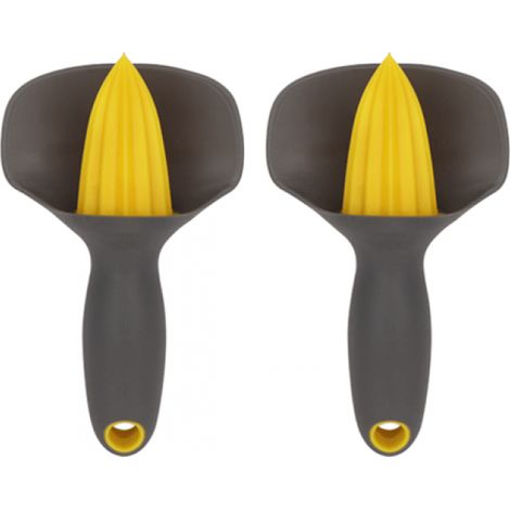 BEBUSINGOTO Juego de 2 exprimidores de limón manuales con protector contra salpicaduras y recogepiedras, miniexprimidor ergonómico para limones, naranjas y otras frutas (gris) (1/5)