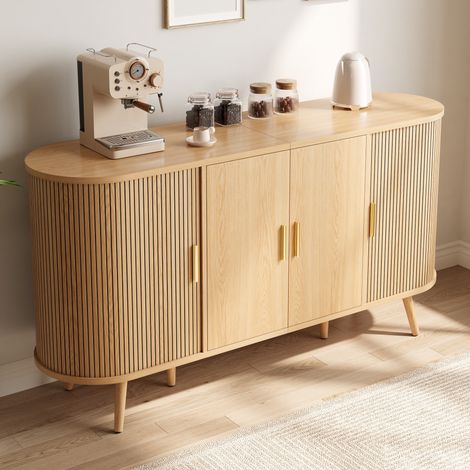 SIDEBOARD ANRICHTE MEBEL - 150 x 40 x 79 cm - 4 türen davon 2 schiebetüren für esszimmer und flur - mdf holz im scandi stil mit rillenstruktur - natur (1/5)