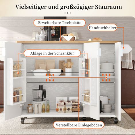 Îlot de cuisine blanc et noir en MDF avec plateau extensible, roulettes et rangements réglables pour cuisine (1/5)