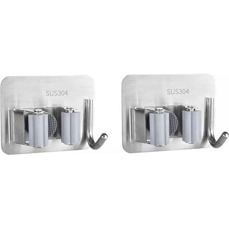 2 Pièces Porte Balai,Acier Inoxydable Porte Balais Mural,Adhésif Mop Support Avec Crochets pour Cuisine Salle de Bain Jardin (1/3)