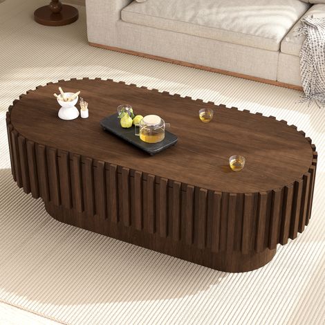 MODFU – Table basse ovale 100x50x35,5 cm MDF – Tiroir et lames verticales – Angles arrondis et piètement massif – Salon – Noyer (1/5)