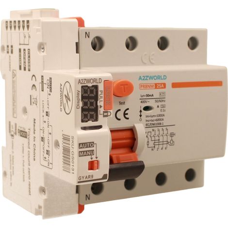 RCCB Interruttore Differenziale Puro Riarmo Automatico, Tipo A 3P+N 5M 6000A 30mA 25A AC 400V IP20 IEC61008-1 PR8NM (1/3)