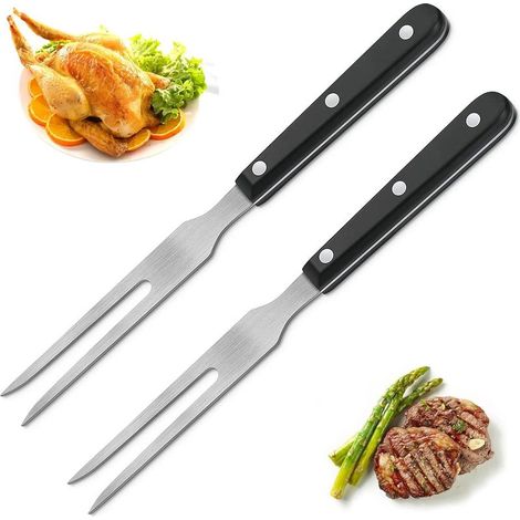 Fourchette à Viande avec Manche en Bois 2 Pièces Acier Inoxydable Barbecue Longue Découper Forgée pour Dindes, Steaks, Rôtis et Cuisines, Universal, Argent, Noir (1/5)