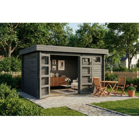 Alpholz Gartenhaus Leandro Gartenhaus aus Holz in Grau, Holzhaus mit 28 mm Wandstärke, Blockbohlenhaus mit Montagematerial (1/5)